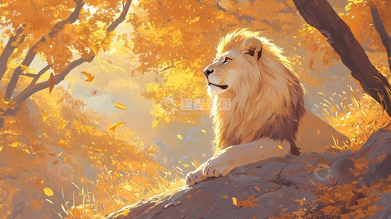 高清大图下载【趣麦麦图】秋日森林中的雄狮
