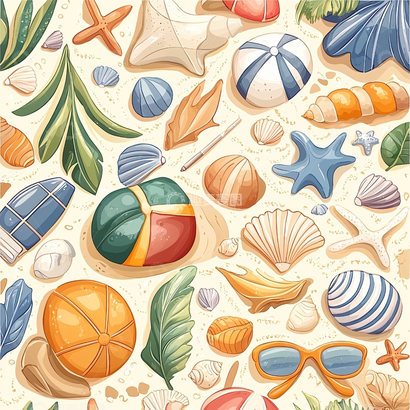 高清大图下载【趣麦麦图】夏日海滩主题无缝图案素材