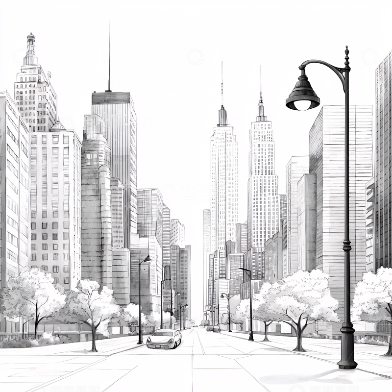 高清大图下载【趣麦麦图】城市街景手绘线稿