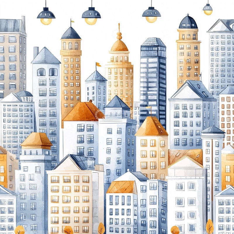 高清大图下载【趣麦麦图】城市天际线水彩画风格建筑