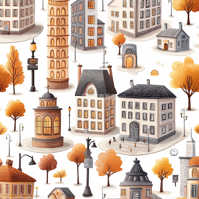 高清大图下载【趣麦麦图】秋日小镇建筑插画素材