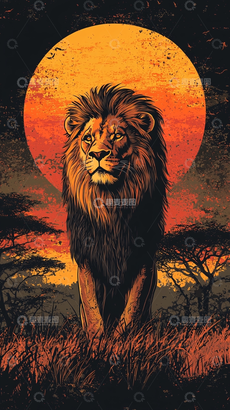 高清大图下载【趣麦麦图】非洲日落狮子剪影