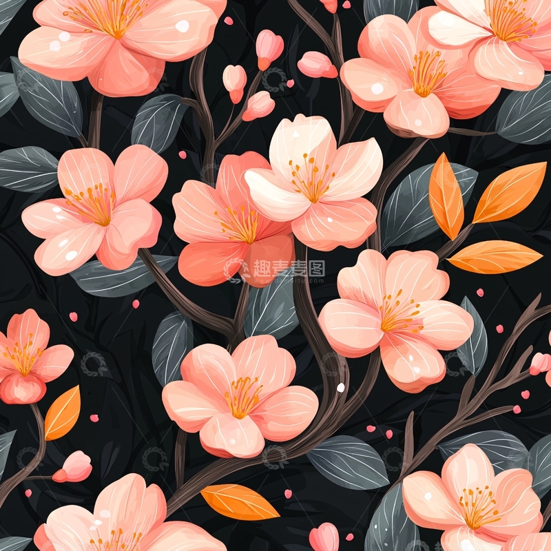 高清大图下载【趣麦麦图】粉色樱花与橙叶背景图案