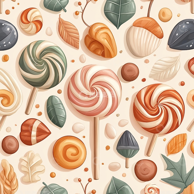 高清大图下载【趣麦麦图】秋日糖果与叶子图案背景