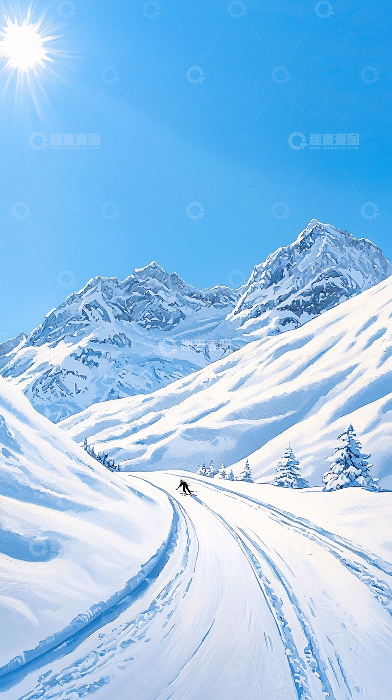 高清大图下载【趣麦麦图】雪山滑雪风景图