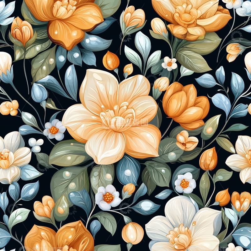 高清大图下载【趣麦麦图】-橙色花卉与绿色叶子图案背景