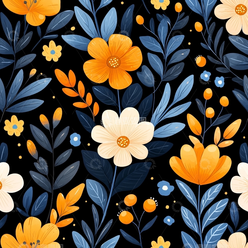 高清大图下载【趣麦麦图】橙色花朵与蓝色叶子图案背景