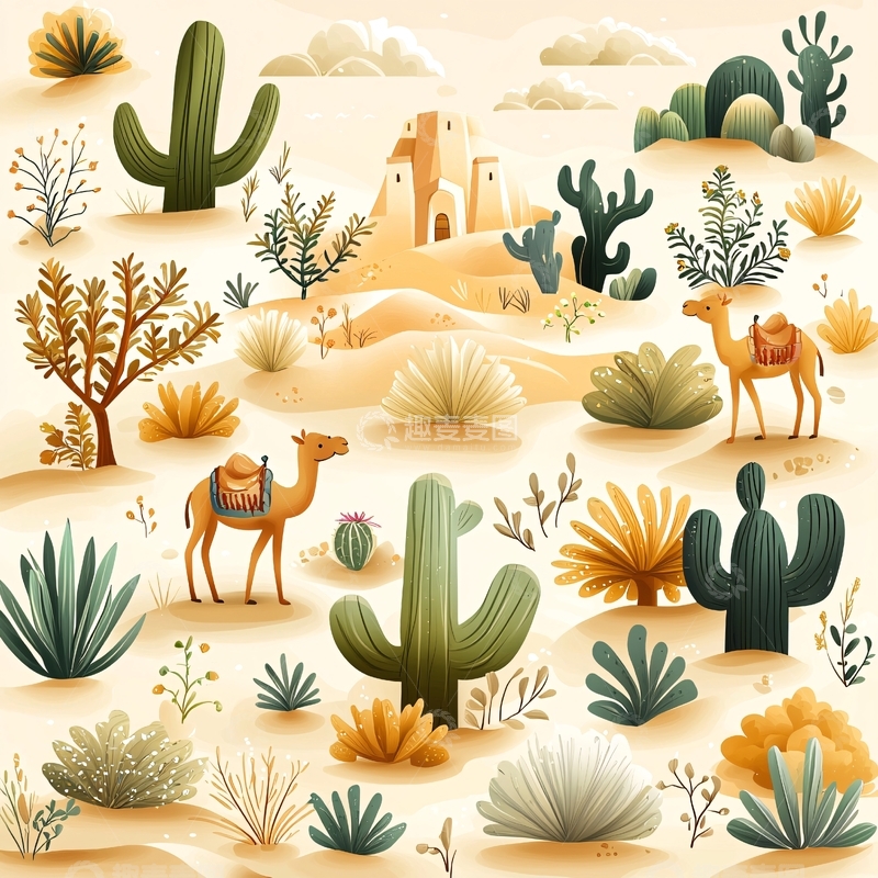 高清大图下载【趣麦麦图】沙漠绿洲与骆驼的梦幻之旅