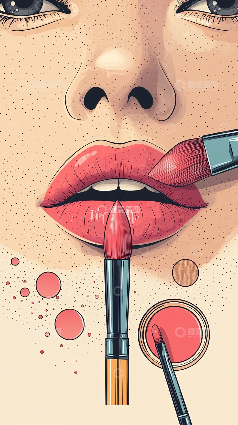 高清大图下载【趣麦麦图】化妆刷涂抹唇膏插画素材