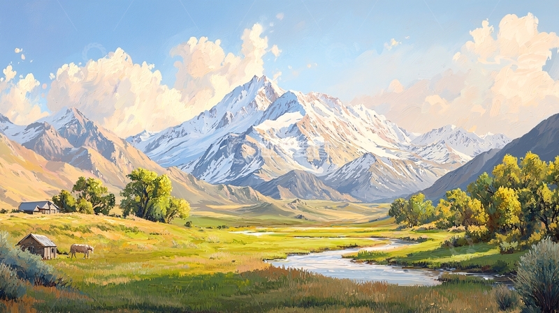 高清大图下载【趣麦麦图】雪山下的宁静田园风光