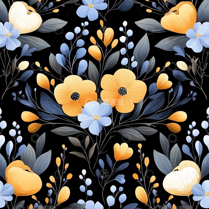 高清大图下载【趣麦麦图】夜色中的花卉图案背景