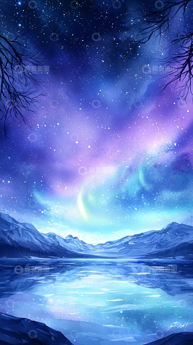 高清大图下载【趣麦麦图】梦幻星空下的冰湖
