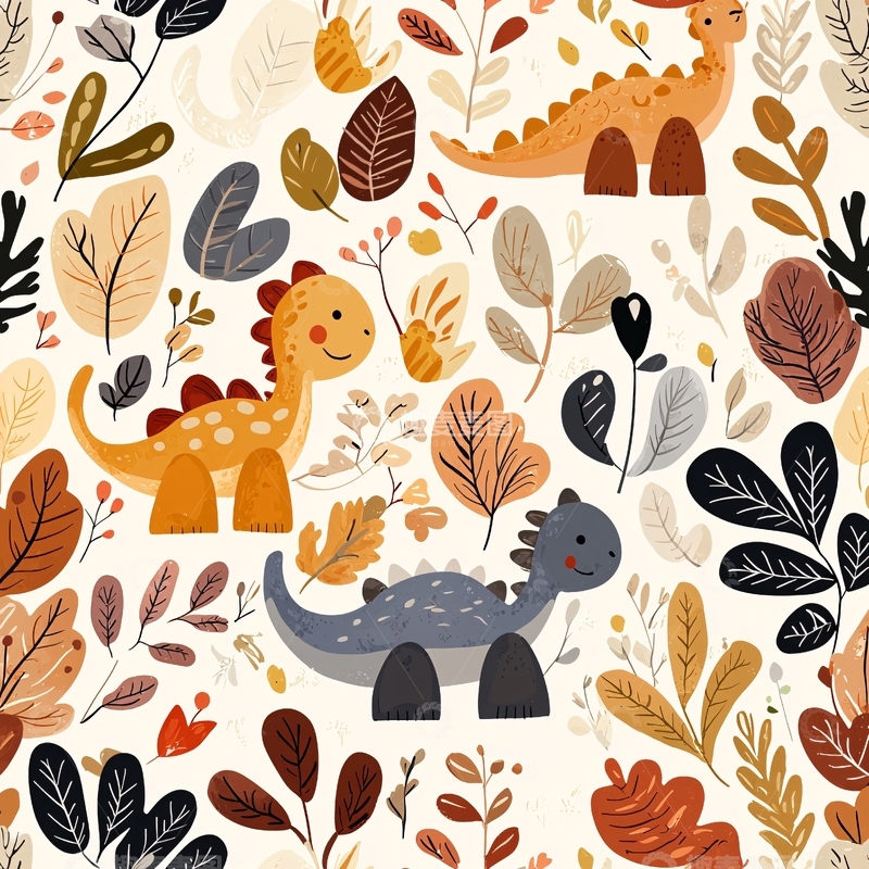 高清大图下载【趣麦麦图】秋日恐龙与树叶插画背景