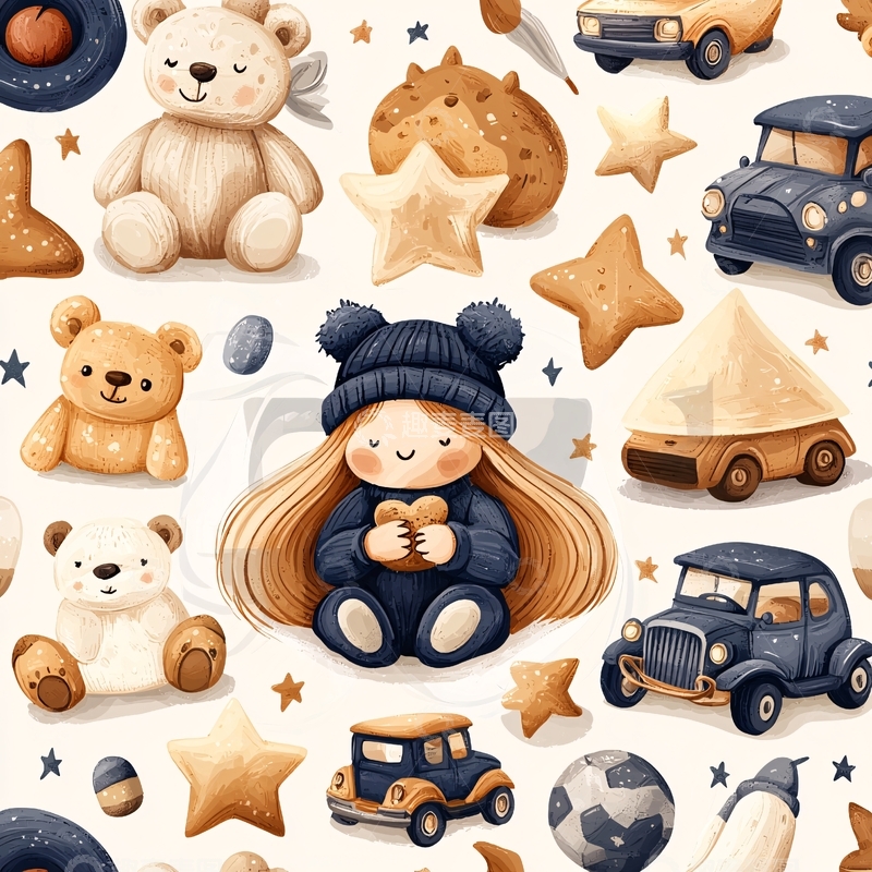 高清大图下载【趣麦麦图】可爱卡通人物与玩具车图案背景