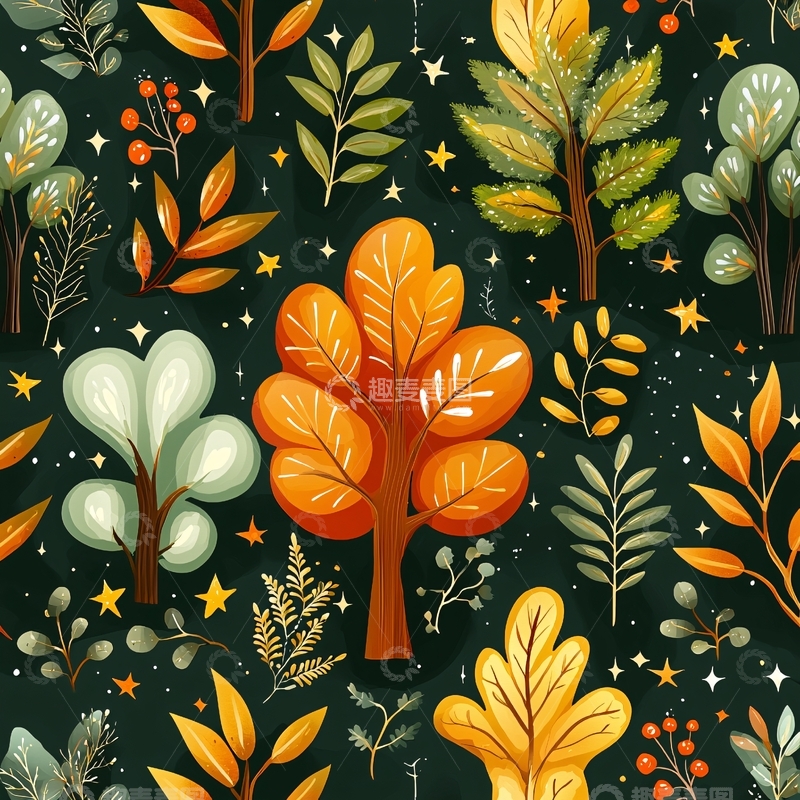 高清大图下载【趣麦麦图】秋夜森林植物图案背景