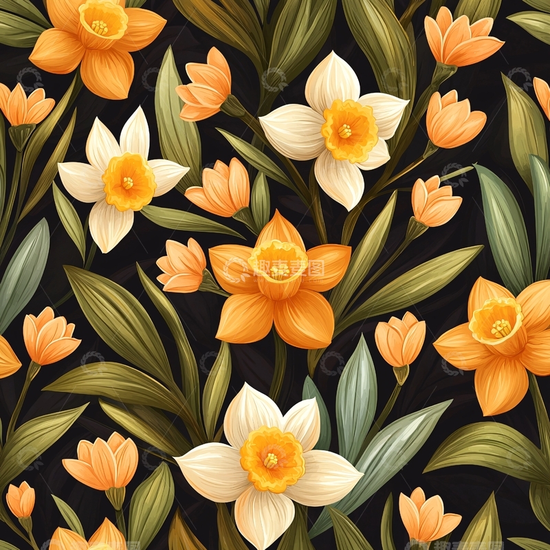 高清大图下载【趣麦麦图】橙色花朵与绿色叶子背景图案