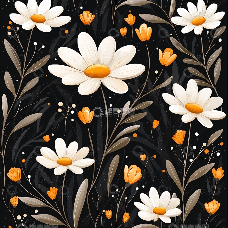 高清大图下载【趣麦麦图】夜色中的雏菊与橙花