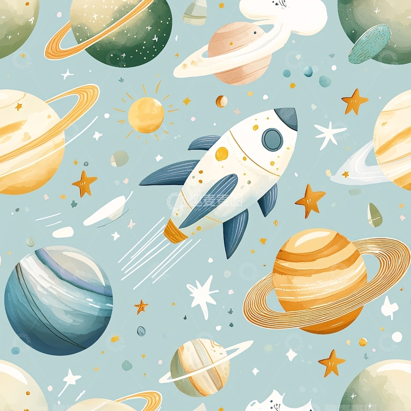 高清大图下载【趣麦麦图】太空星球火箭插画背景图