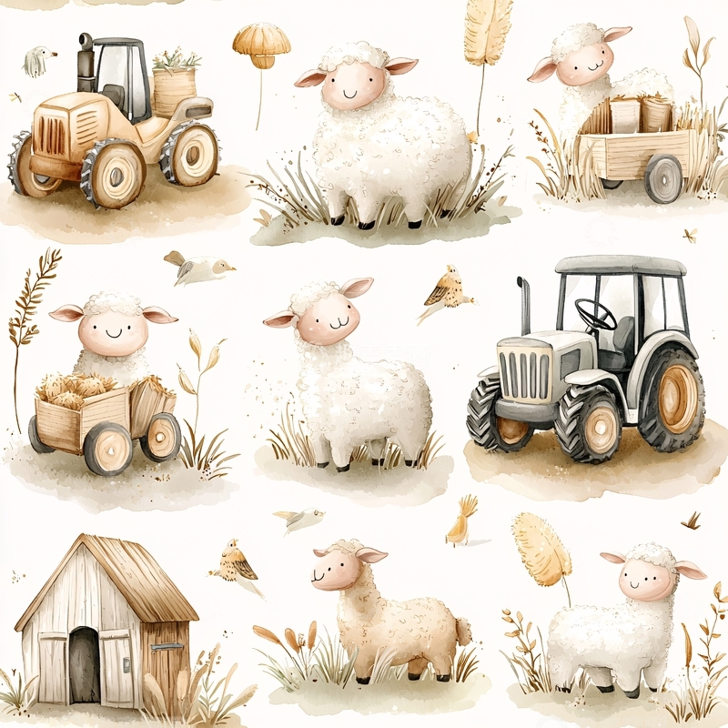 高清大图下载【趣麦麦图】田园风光：小羊与拖拉机