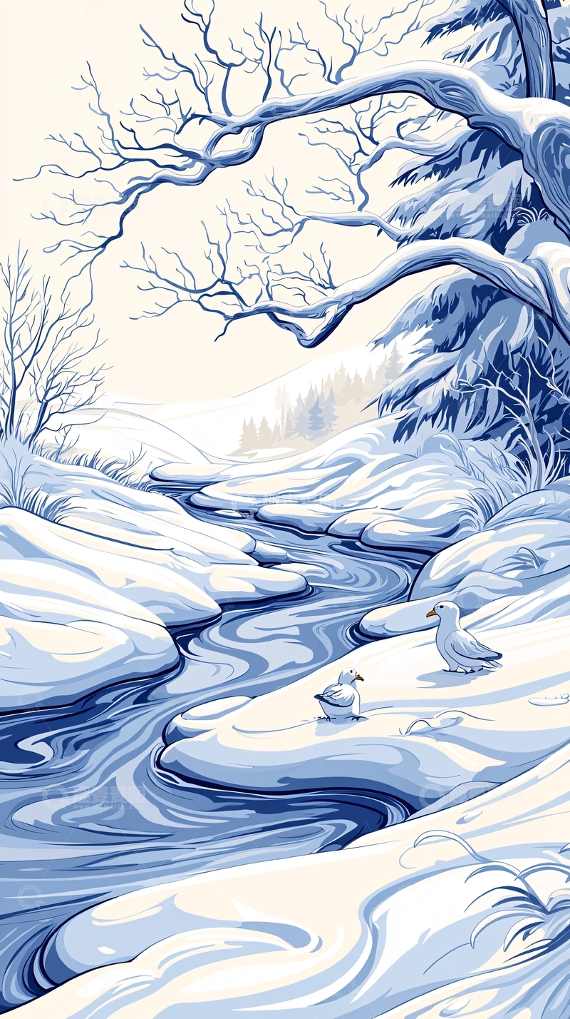 高清大图下载【趣麦麦图】冬日雪景中的河流与鸟