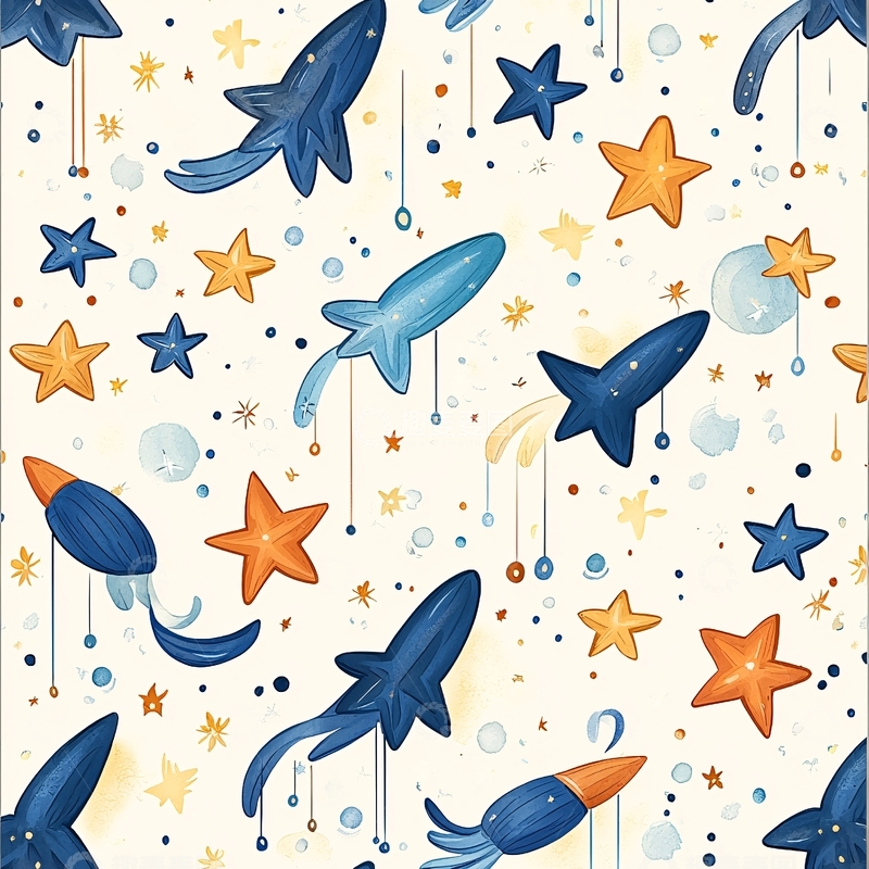 高清大图下载【趣麦麦图】蓝色火箭与橙色星星的梦幻背景