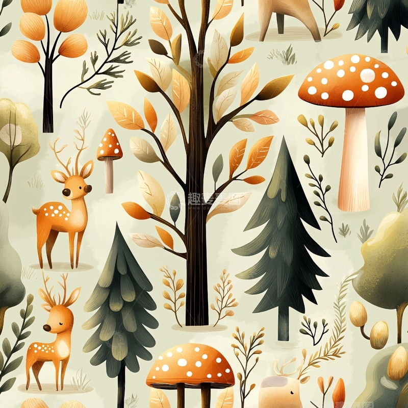 高清大图下载【趣麦麦图】秋日森林麋鹿蘑菇插画