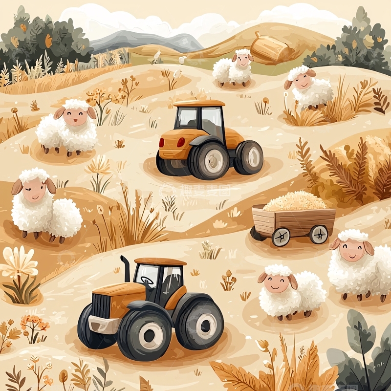 高清大图下载【趣麦麦图】田园风光中的小羊与拖拉机
