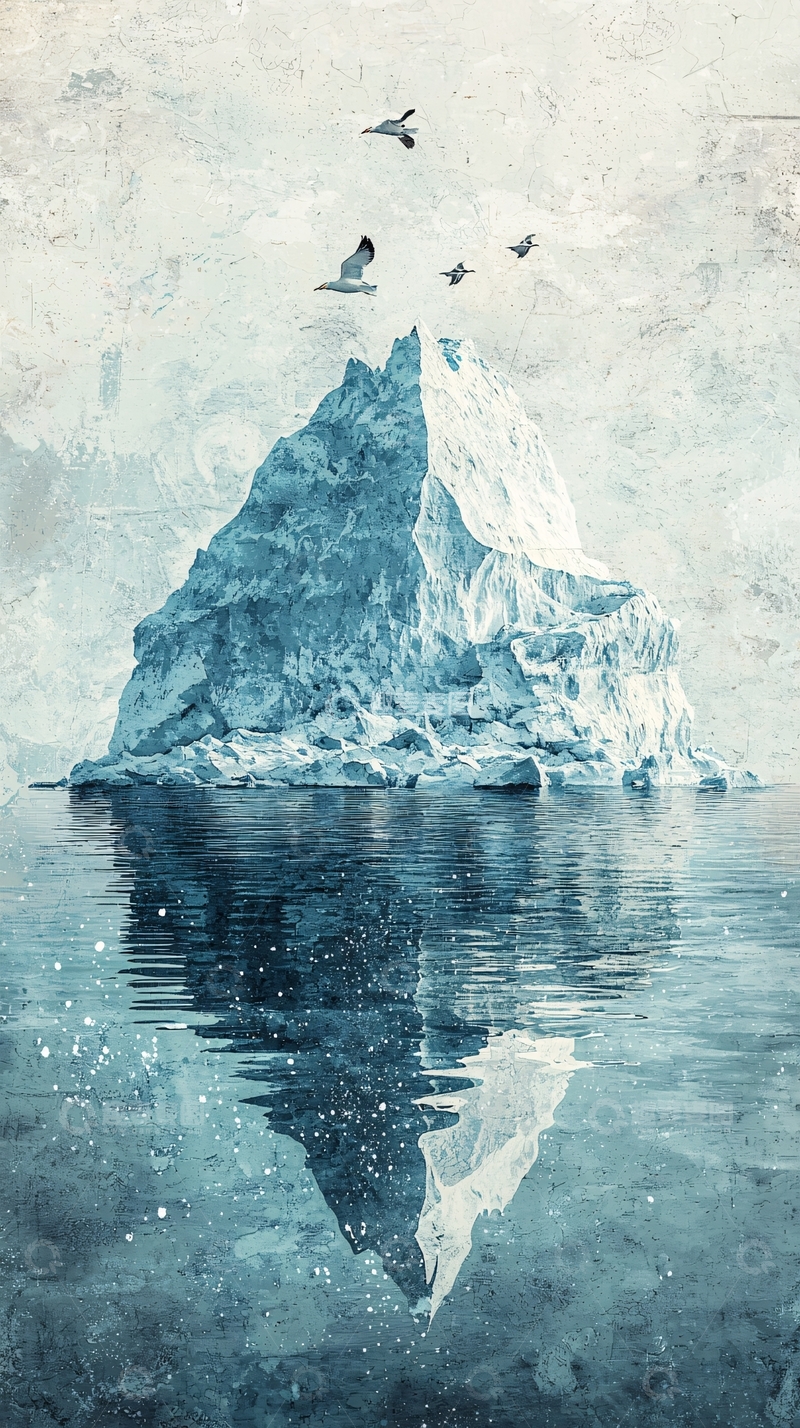 高清大图下载【趣麦麦图】冰山与海鸥的宁静场景