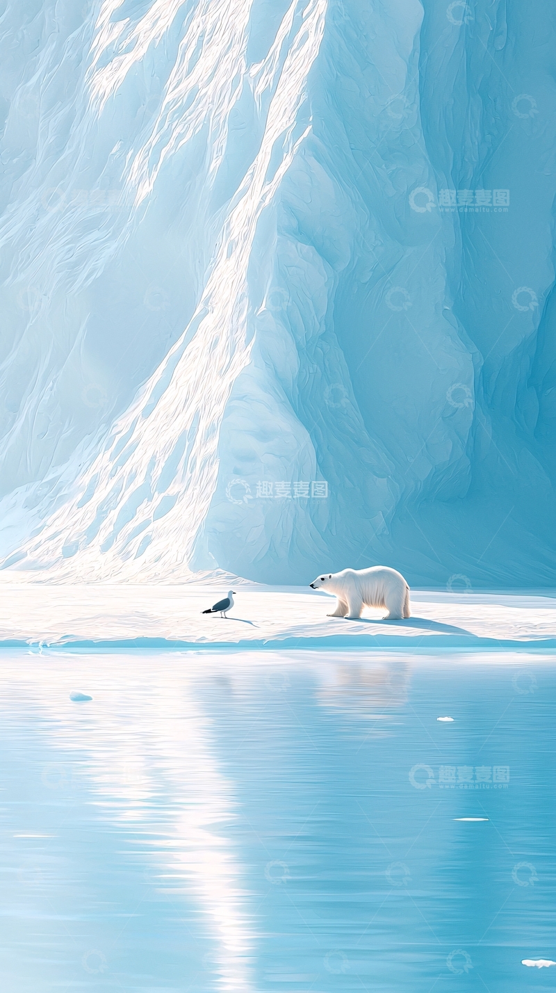 高清大图下载【趣麦麦图】北极熊与海鸥在冰川上的宁静时刻