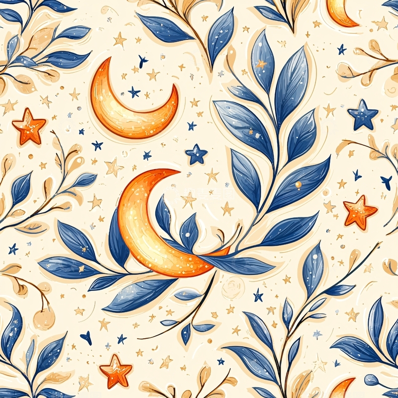 高清大图下载【趣麦麦图】梦幻月亮与星星花卉图案