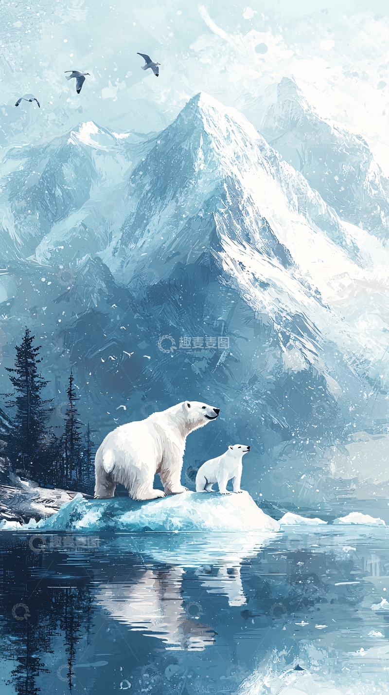 高清大图下载【趣麦麦图】北极熊母子雪山冰川
