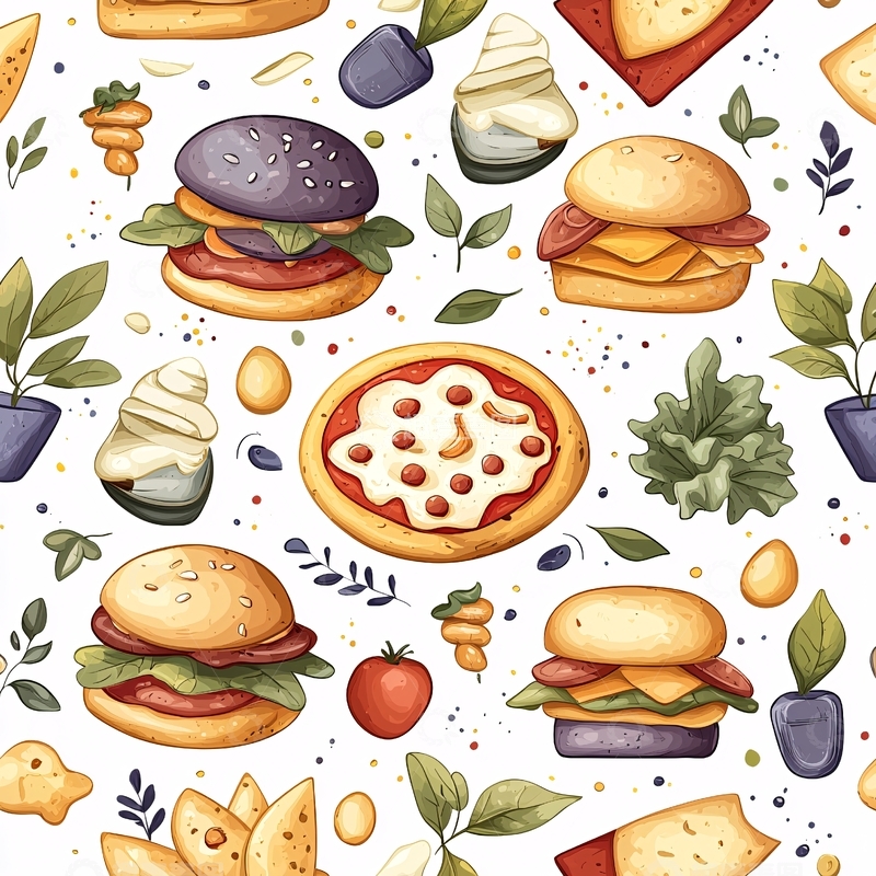 高清大图下载【趣麦麦图】美味汉堡披萨零食插画素材