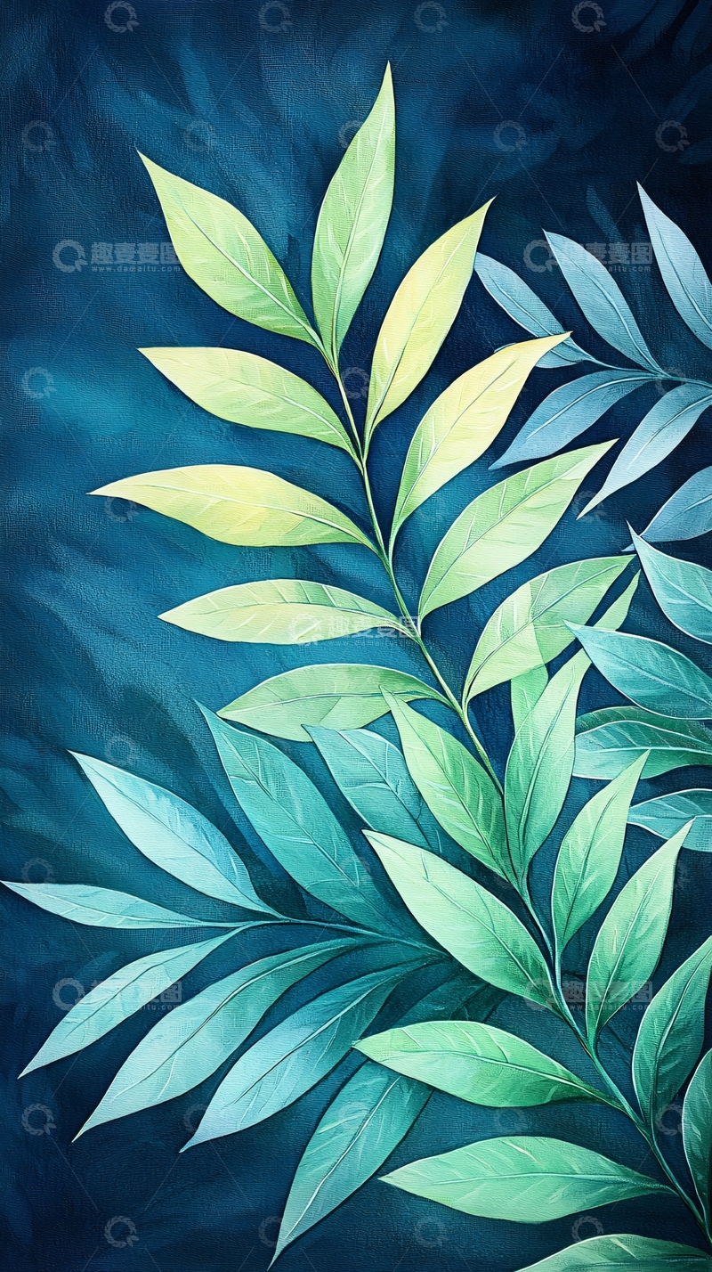 高清大图下载【趣麦麦图】深蓝背景下的绿色植物叶子