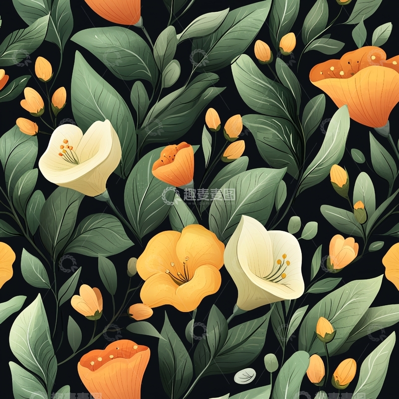 高清大图下载【趣麦麦图】橙黄花朵与绿叶背景图案