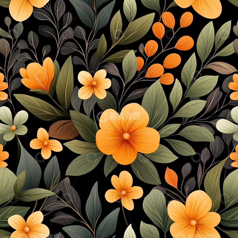 高清大图下载【趣麦麦图】橙色花卉与绿色叶子图案背景