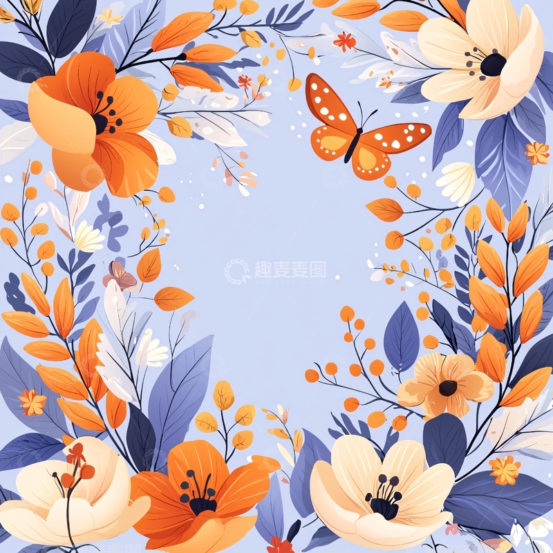 高清大图下载【趣麦麦图】秋日蝴蝶与花卉插画背景