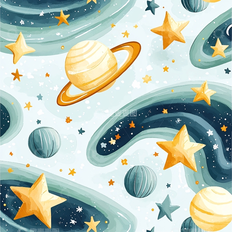 高清大图下载【趣麦麦图】梦幻星空与行星插画素材