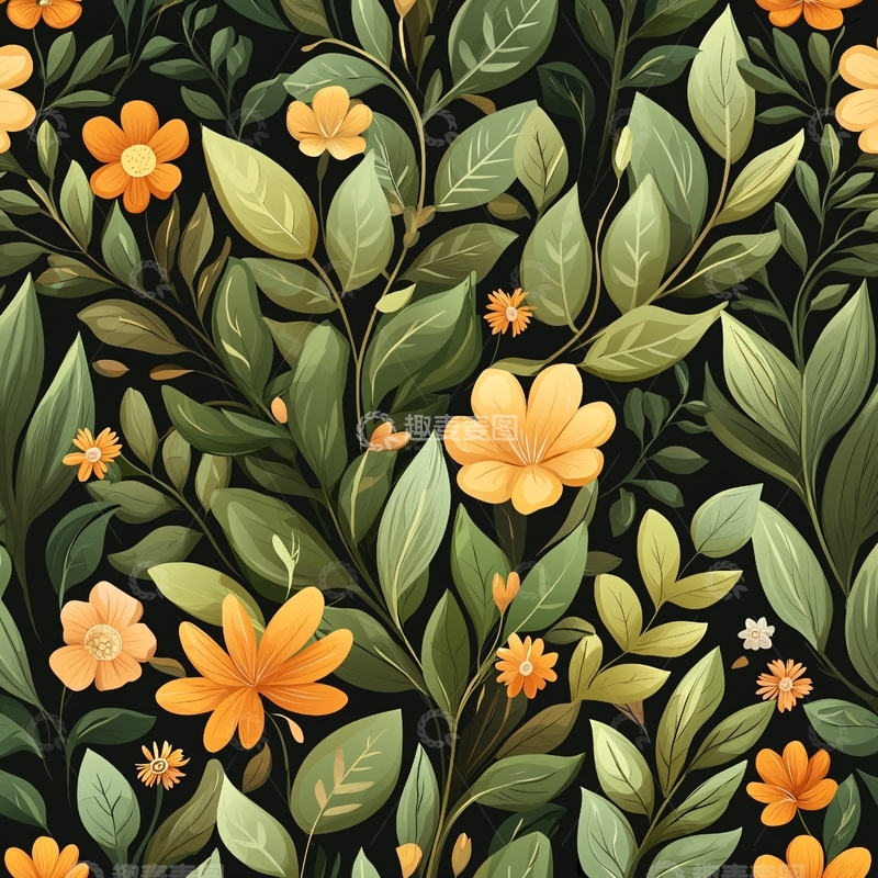 高清大图下载【趣麦麦图】橙色花朵与绿叶背景图案