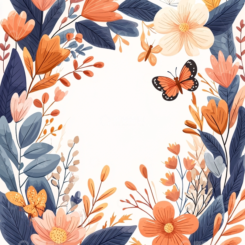 高清大图下载【趣麦麦图】秋日蝴蝶与花卉插画背景