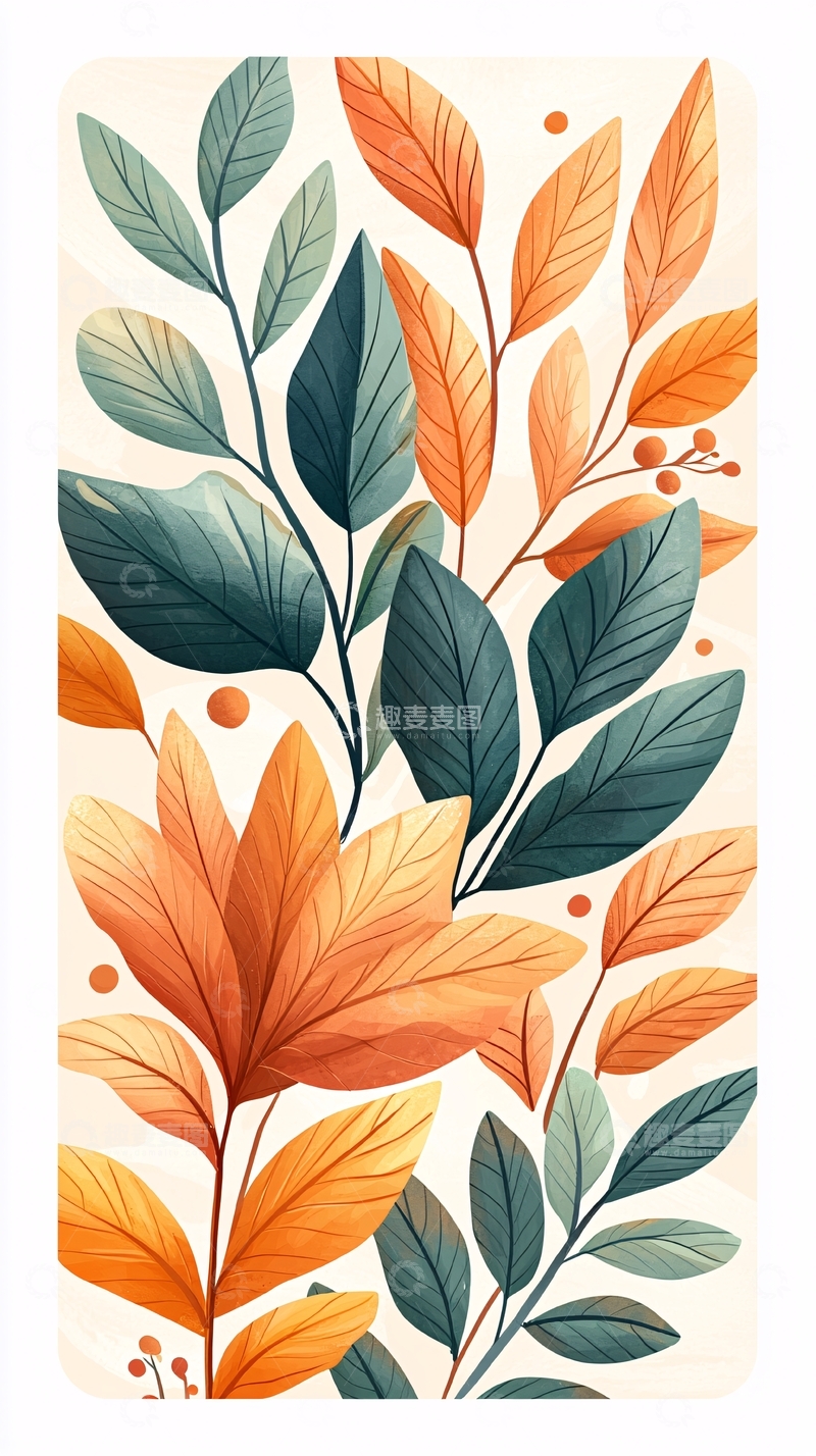 高清大图下载【趣麦麦图】秋日色彩斑斓树叶插画
