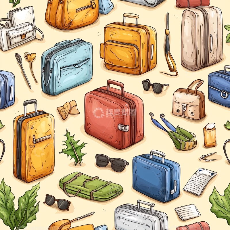 高清大图下载【趣麦麦图】旅行箱与配饰图案背景