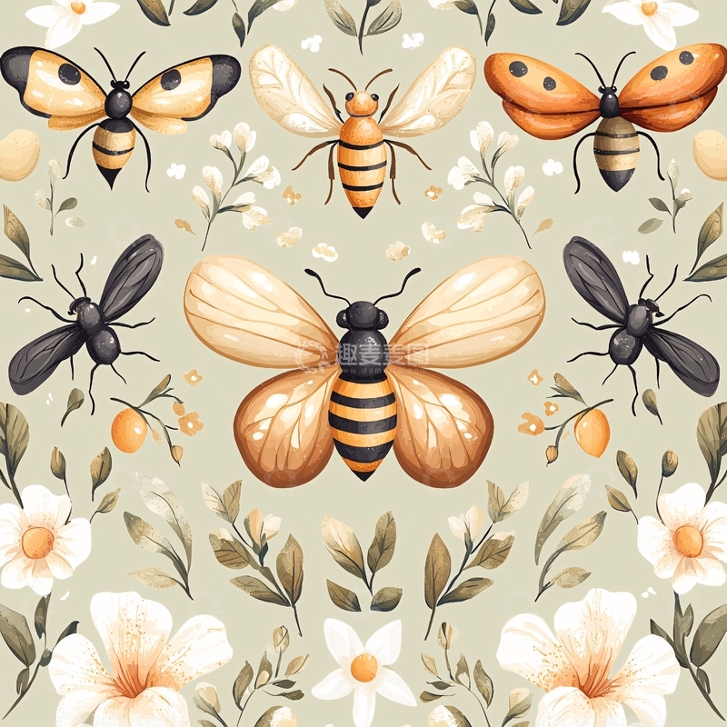 高清大图下载【趣麦麦图】蜜蜂与花朵主题图案背景