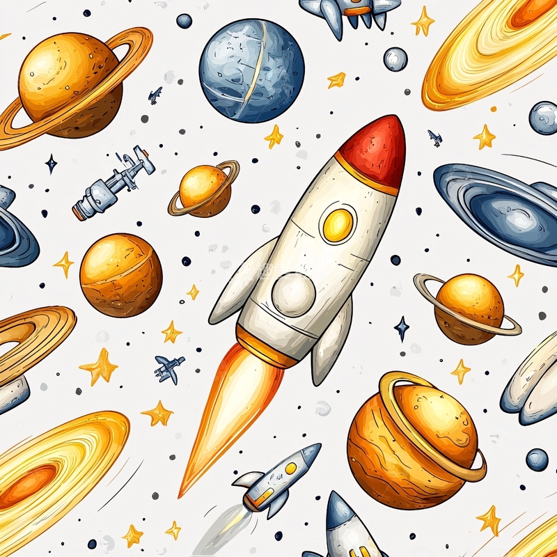 高清大图下载【趣麦麦图】太空火箭与行星插画背景