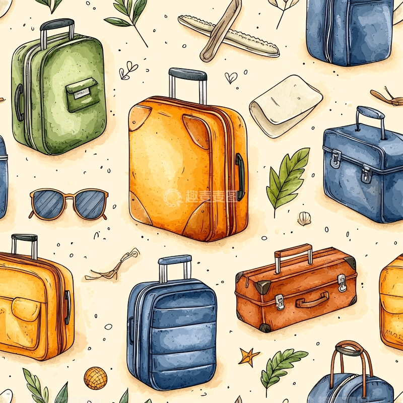 高清大图下载【趣麦麦图】旅行箱与配件手绘图案