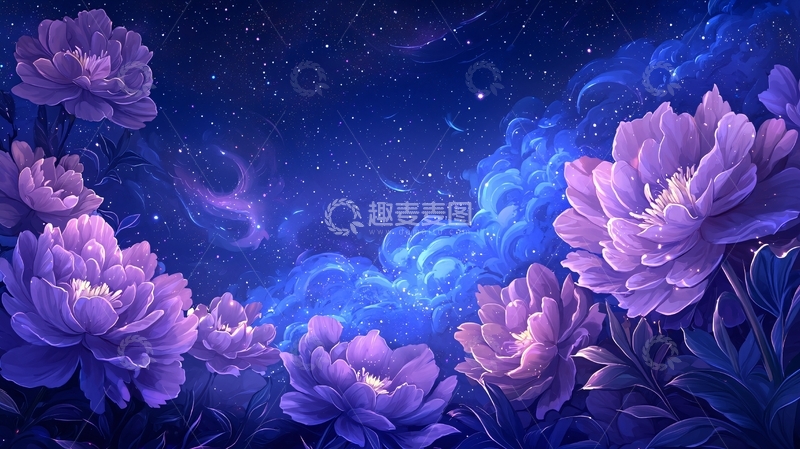 高清大图下载【趣麦麦图】梦幻紫色花朵星空背景
