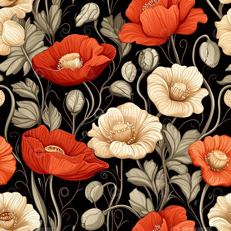 高清大图下载【趣麦麦图】红色罂粟花与白色花朵图案背景