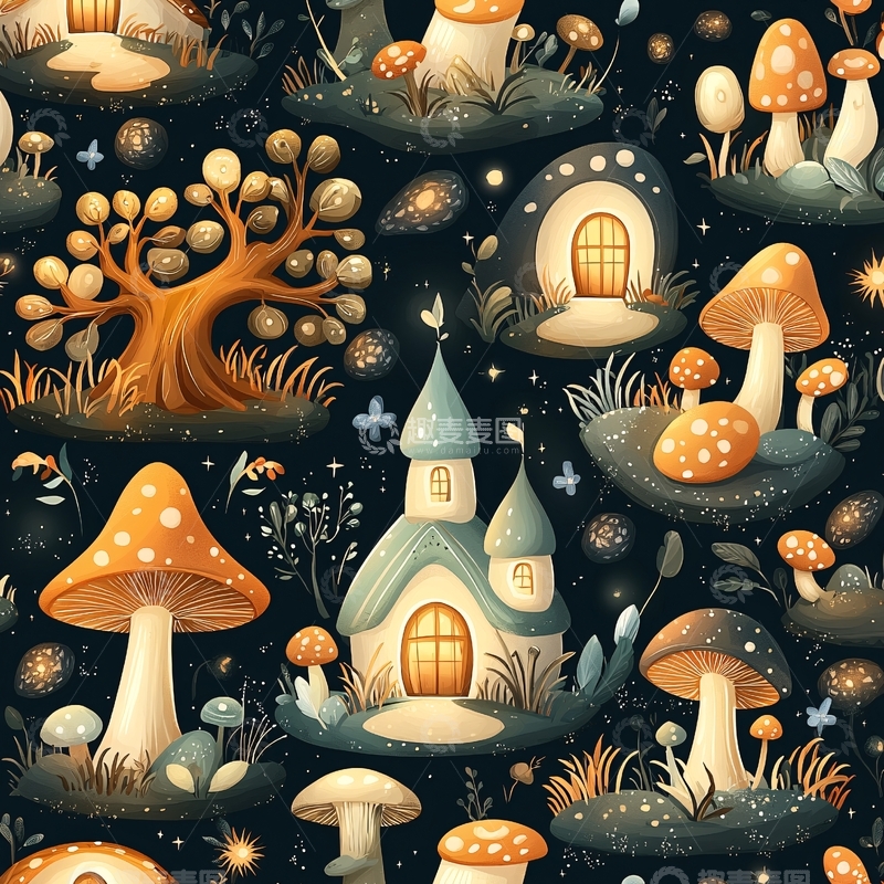 高清大图下载【趣麦麦图】梦幻蘑菇森林夜景