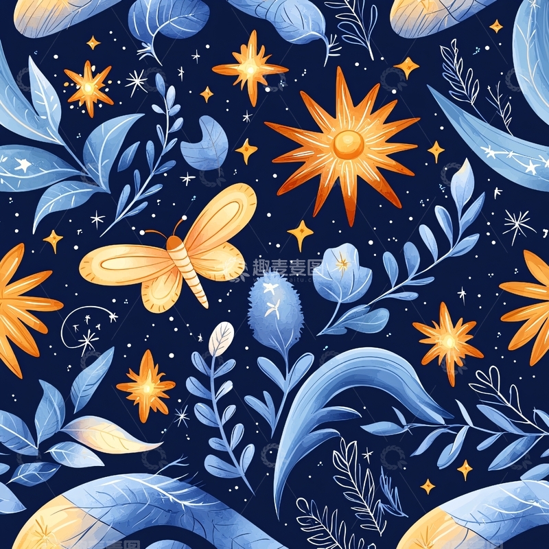 高清大图下载【趣麦麦图】梦幻星空下的花朵与昆虫图案