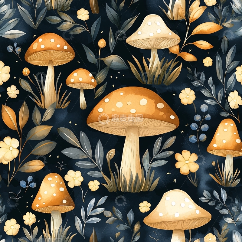 高清大图下载【趣麦麦图】梦幻蘑菇与花卉图案背景