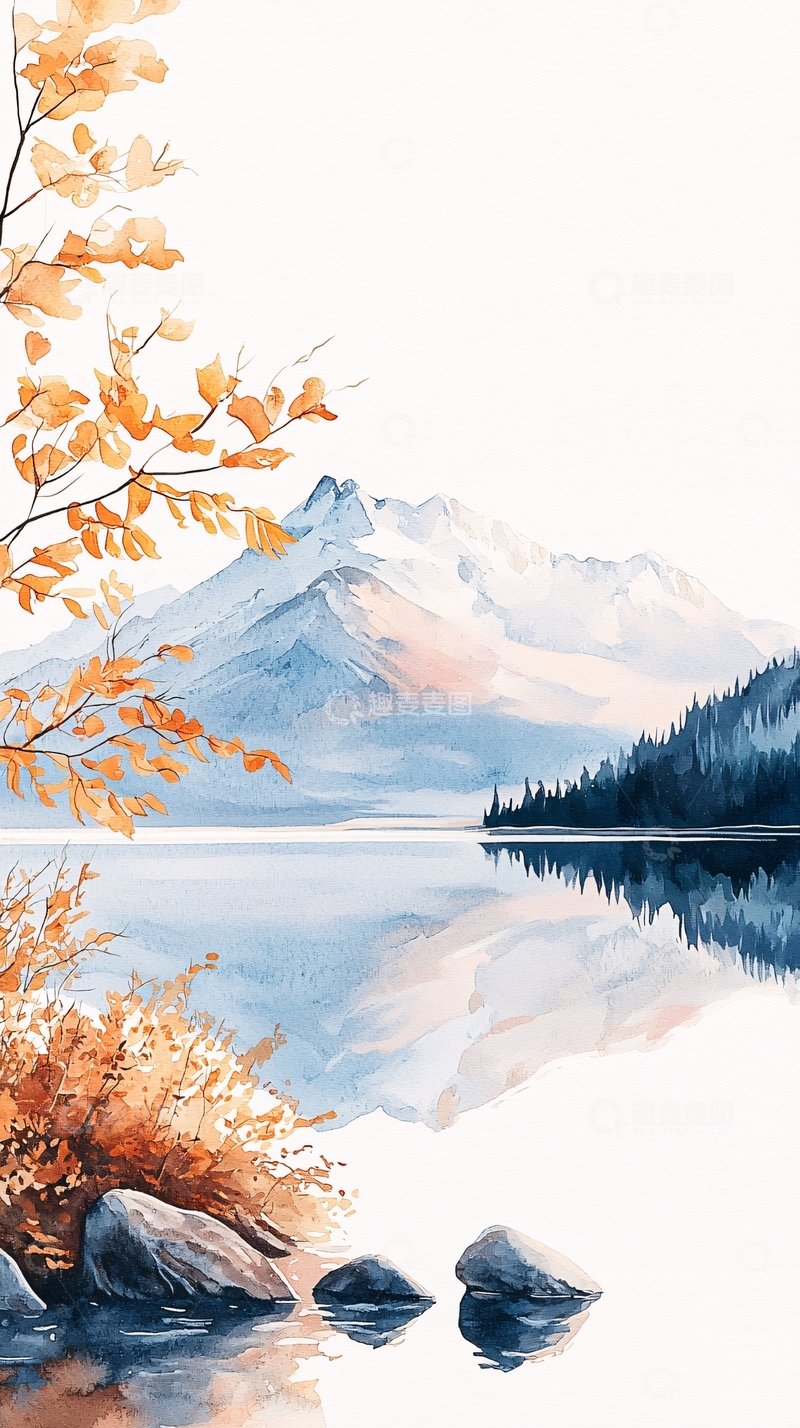 高清大图下载【趣麦麦图】秋日湖畔雪山风景